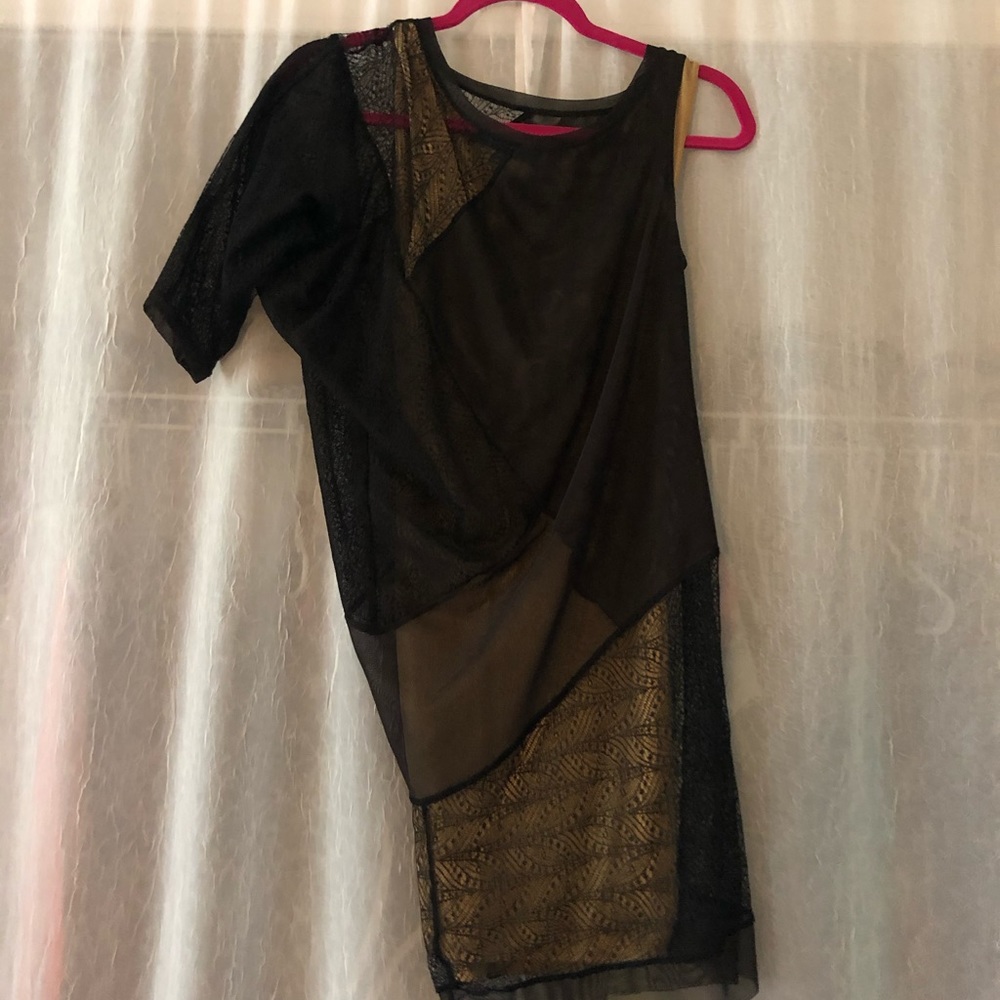 BCBG Maxazria Black & Gold One Shoulder Dress